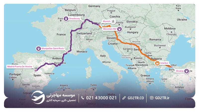 مسیر زمینی از استانبول به مادرید اسپانیا (با اتوبوس و قطار)
