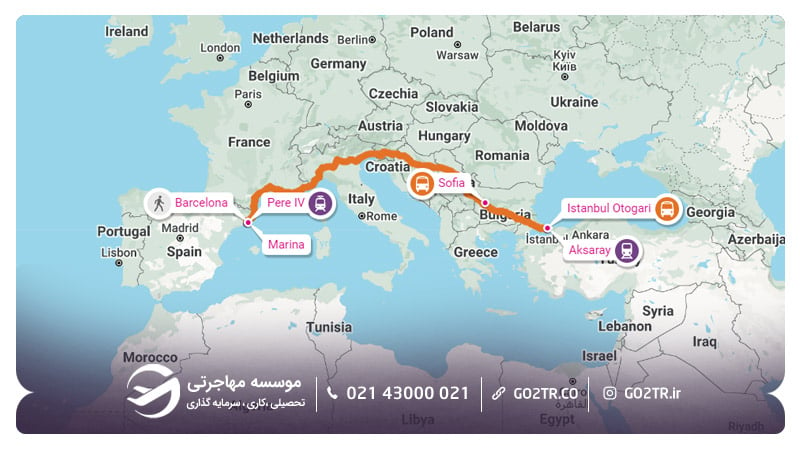 مسیر زمینی از استانبول به بارسلونا اسپانیا (با اتوبوس)