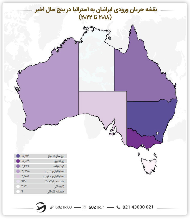 نقشه جریان ورودی ایرانیان به استرالیا در ۵ سال اخیر - هتلداری در استرالیا
