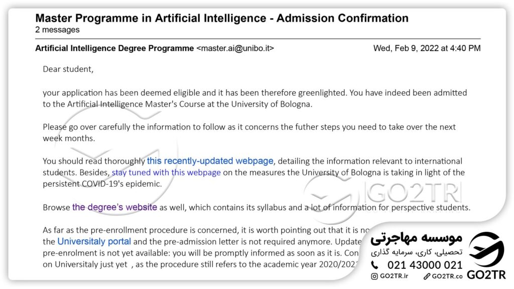 اخذ نامه پذیرش کارشناسی ارشد هوش مصنوعی از دانشگاه بولونیا ایتالیا توسط کارشناسان GO2TR