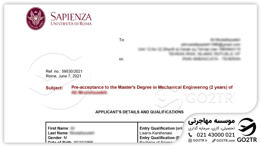 اخذ پذیرش کارشناسی ارشد مهندسی مکانیک از دانشگاه ساپینزا ایتالیا توسط کارشناسان GO2TR 