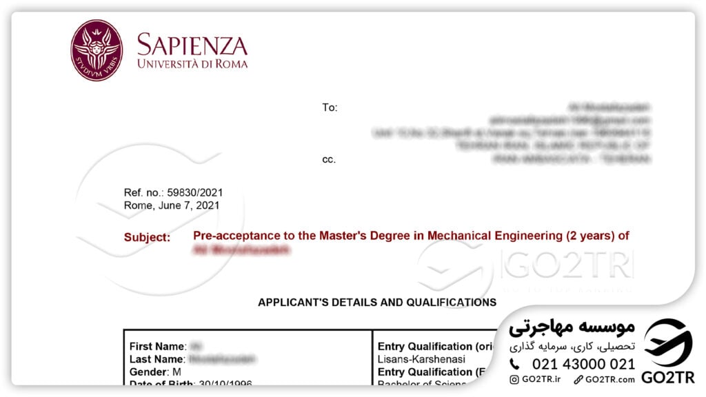 اخذ نامه پذیرش از دانشگاه ساپینزا رم توسط کارشناسان GO2TR