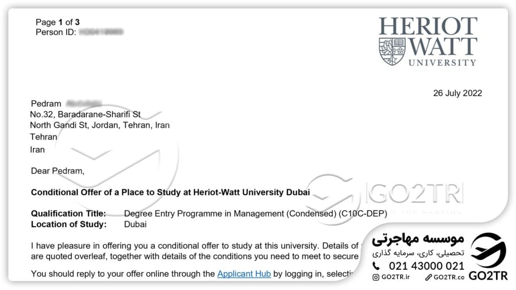 اخذ نامه پذیرش از دانشگاه هریوت وات انگلستان توسط کارشناسان GO2TR