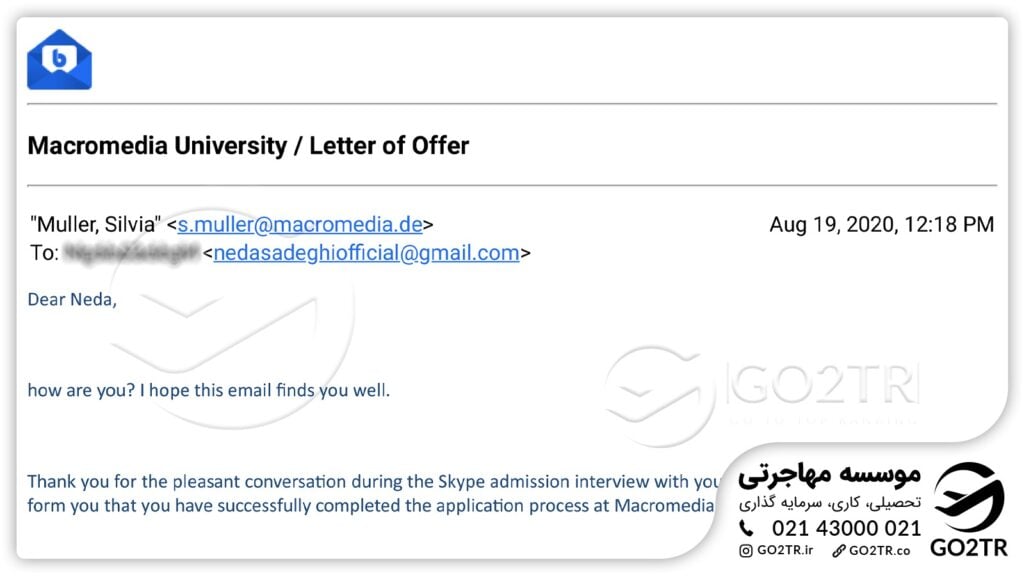 اخذ نامه پذیرش از دانشگاه ماکرومدیا آلمان توسط کارشناسان GO2TR