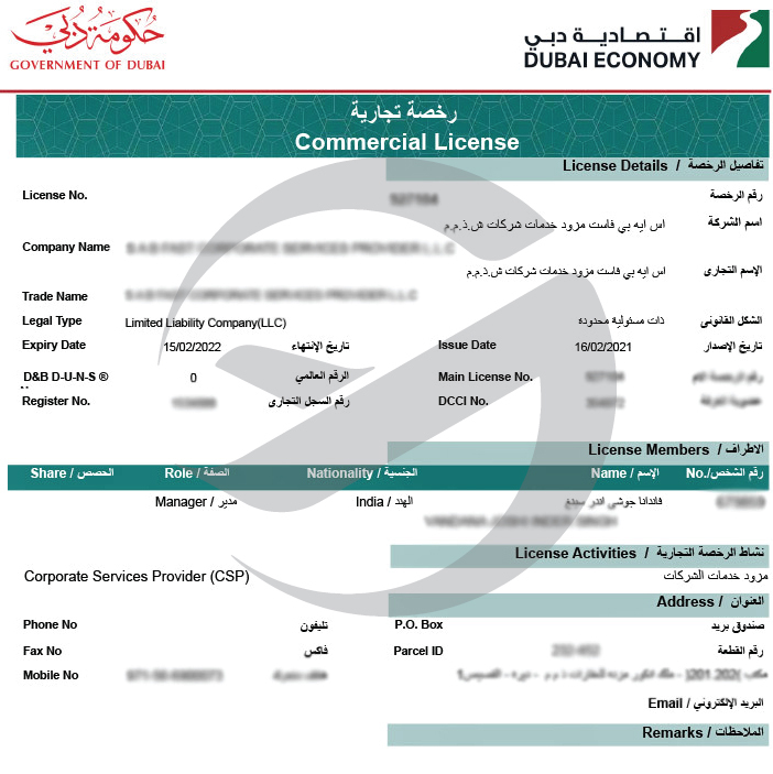 نمونه مجوز تجاری صادرشده برای شهر دبی