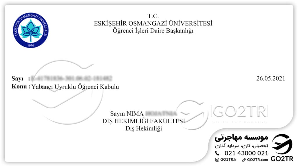 اخذ نامه پذیرش از دانشگاه دانشگاه عثمان قاضی ترکیه توسط کارشناسان GO2TR