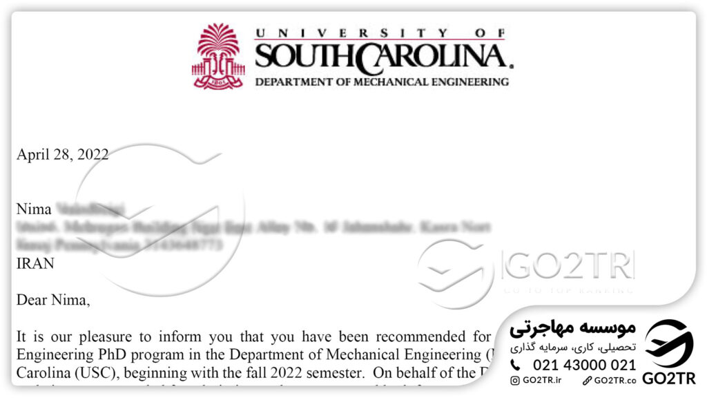 پرونده موفق اخذ پذیرش در رشته مهندسی مکانیک دانشگاه کارولینای جنوبی توسط کارشناسان GO2TR